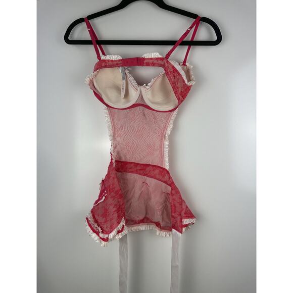 NWT Victoria’s Secret Maid Lingerie Teddy Red Mesh Lace Babydoll 34C Valentine - Picture 9 of 16